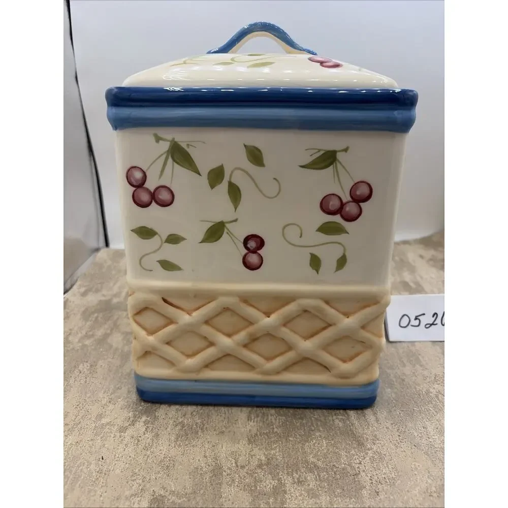 Large Inspirado Square Hand Painted BISCOTTI COOKIE JAR Cherry Basket Weave